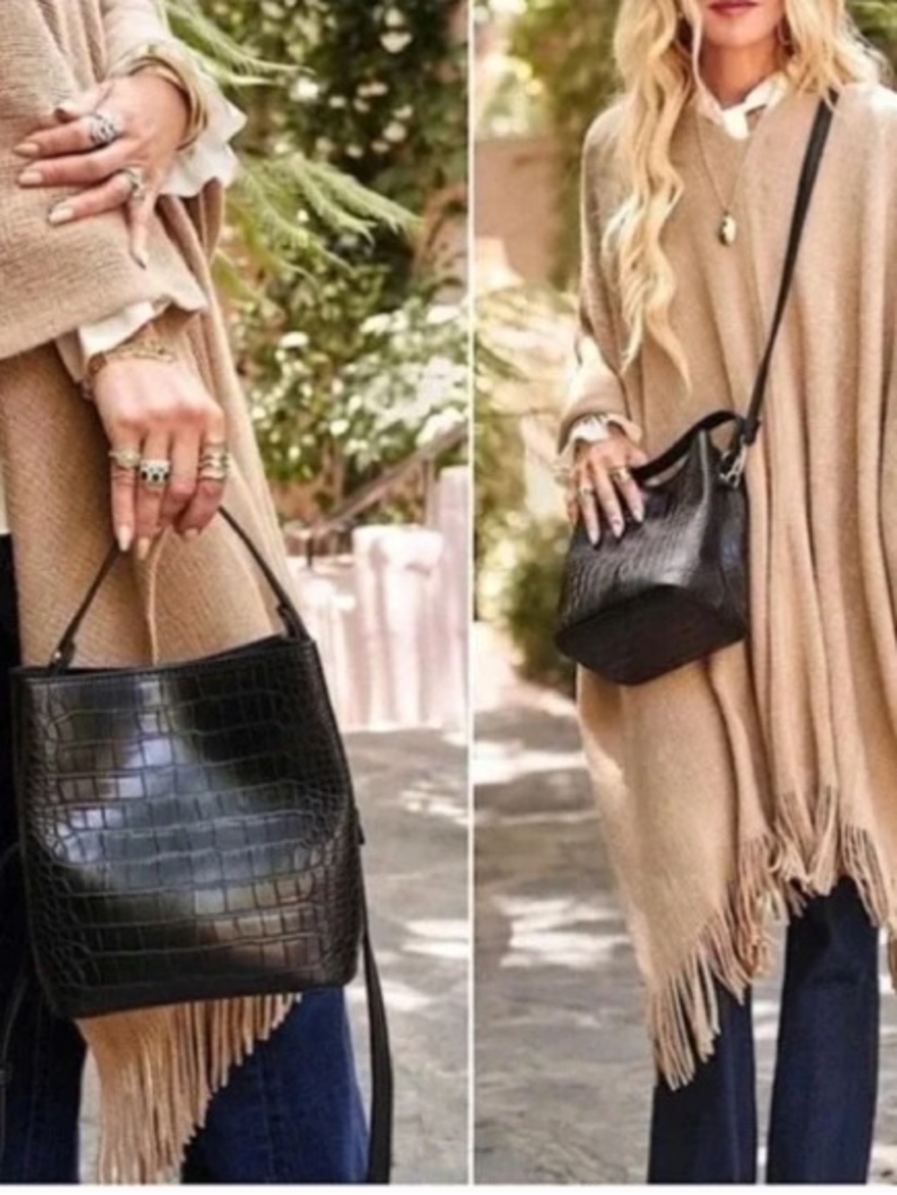 AOTA Elena Vegan Black Faux Croc Embossed Bucket Crossbody Bag - Picture 13 of 15
